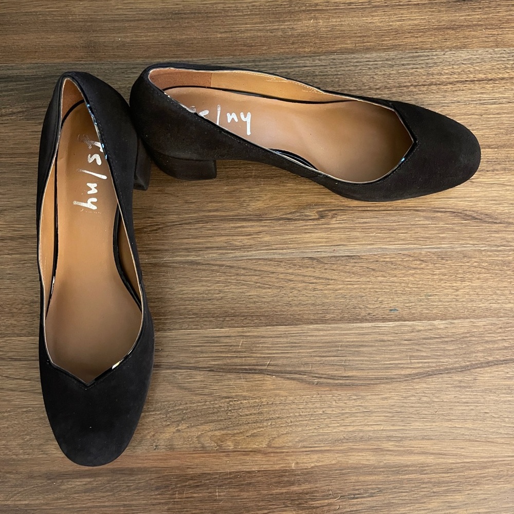 French Sole Black Suede Block Heels